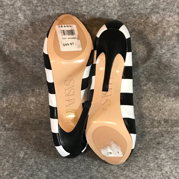 Sasha New York Leather Black and White Stripes Heel Peep Toe Shoes - Picture 12 of 12